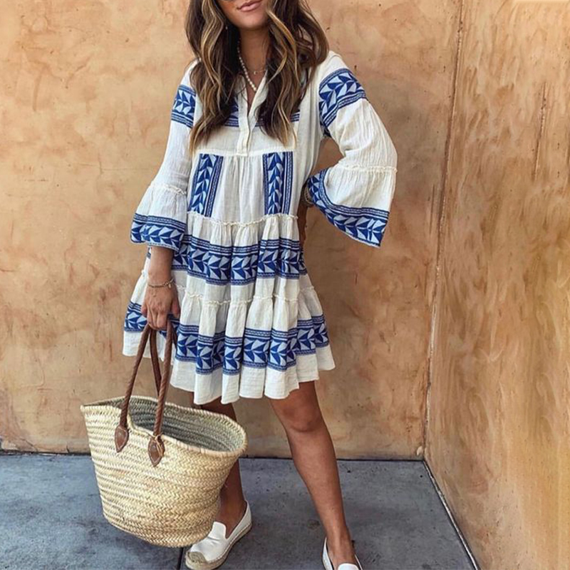 Boho Vacation V-neck Print Mini Dress